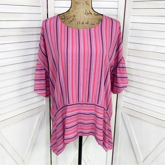 a.n.a. Striped Flounce Sleeve Tunic Blouse Pink Large - Picture 1 of 13